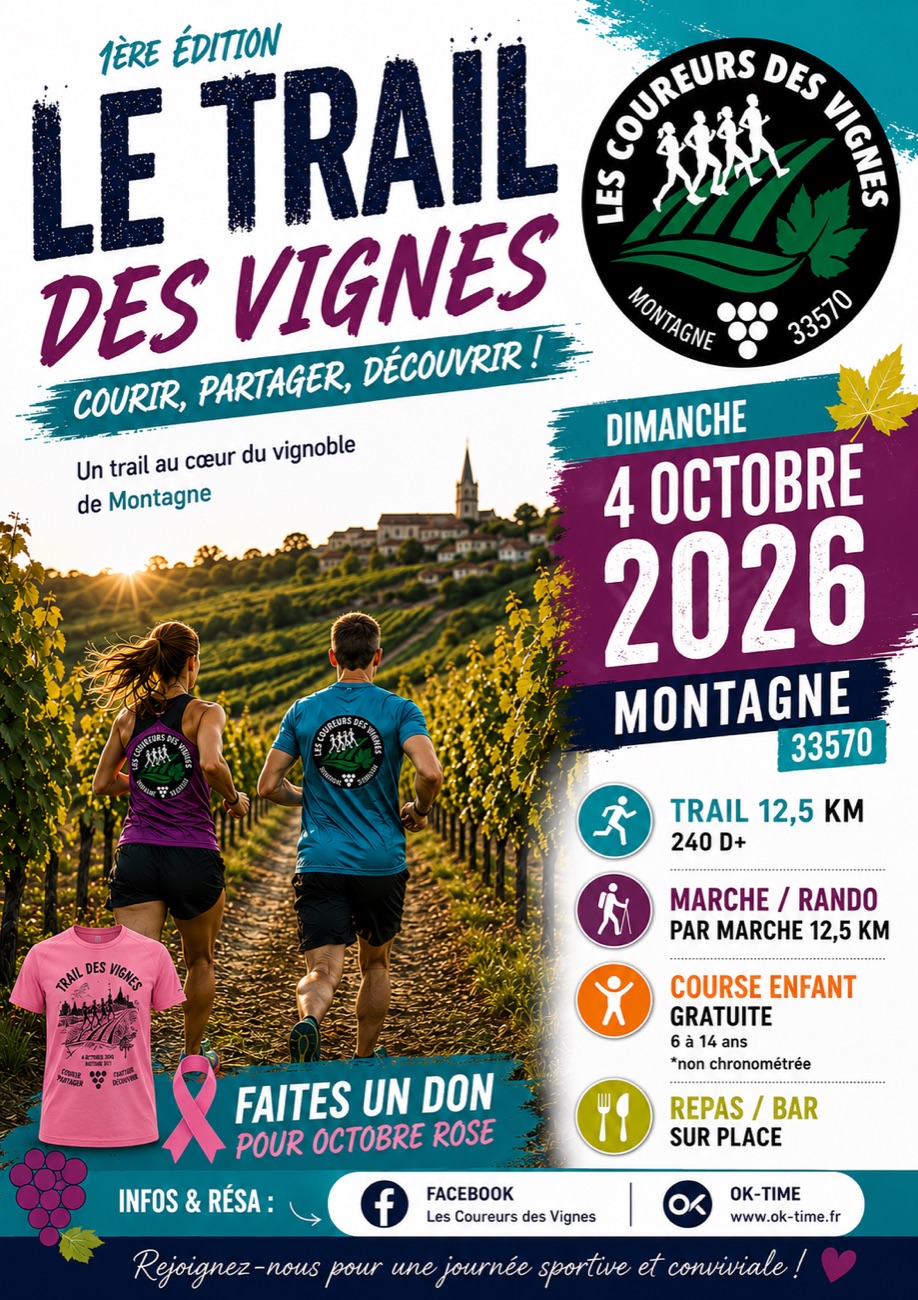 Affiche officielle du Trail des Vignes — 1re édition, dimanche 4 octobre 2026 à Montagne (33570)